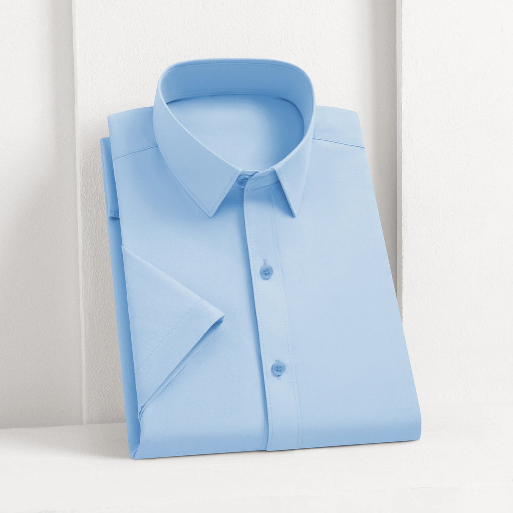 New Men's Business Casual Solid Color Short Sleeved Shirt for Summer Fashion No Ironing Comfortable and Versatile Top