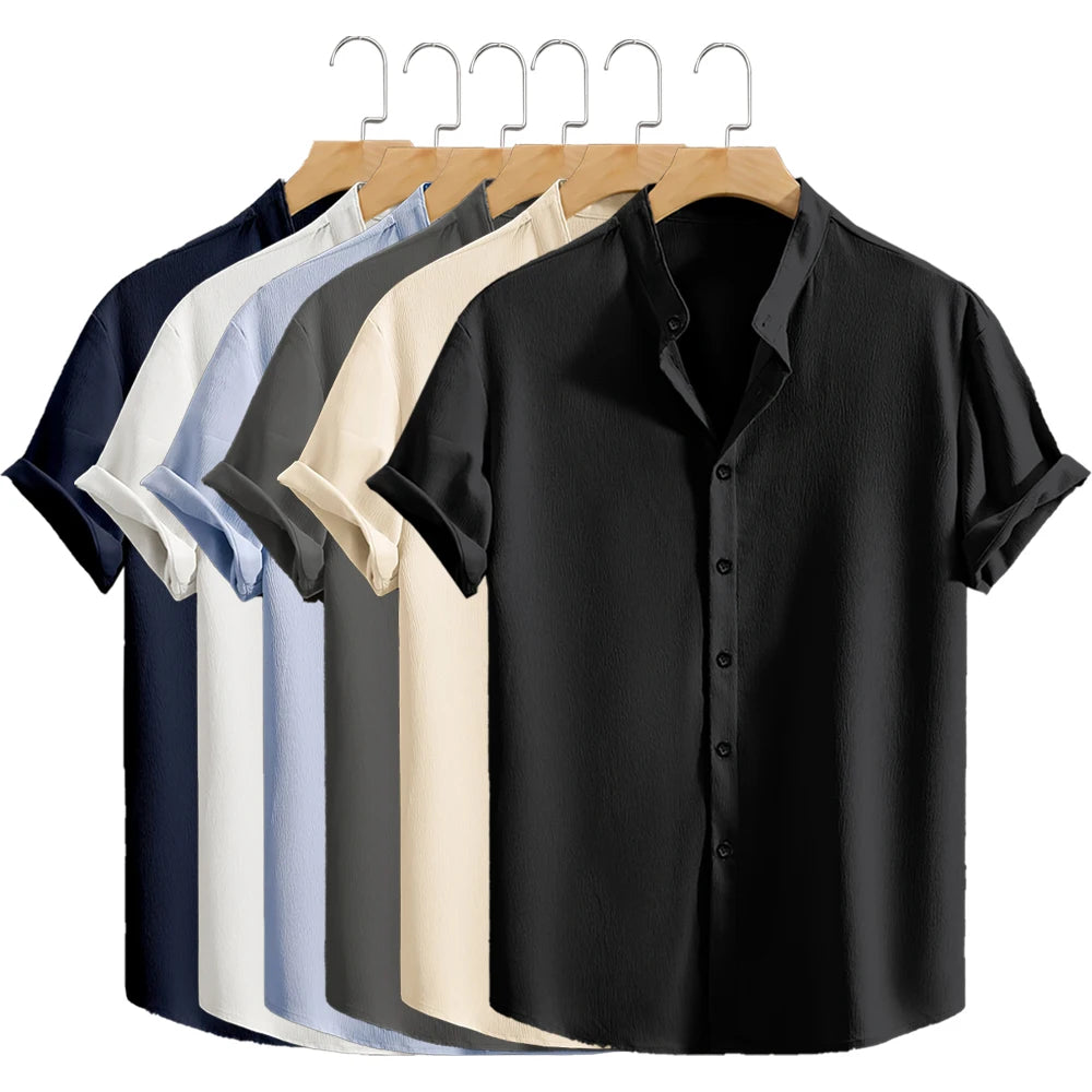 Youth Casual Beach Short Sleeve Shirts Solid Color Loose Casual Breathable Shirt Lightweight Streetwear Male Button Tops