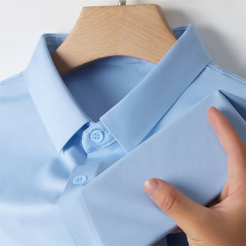 New Men's Business Casual Solid Color Short Sleeved Shirt for Summer Fashion No Ironing Comfortable and Versatile Top