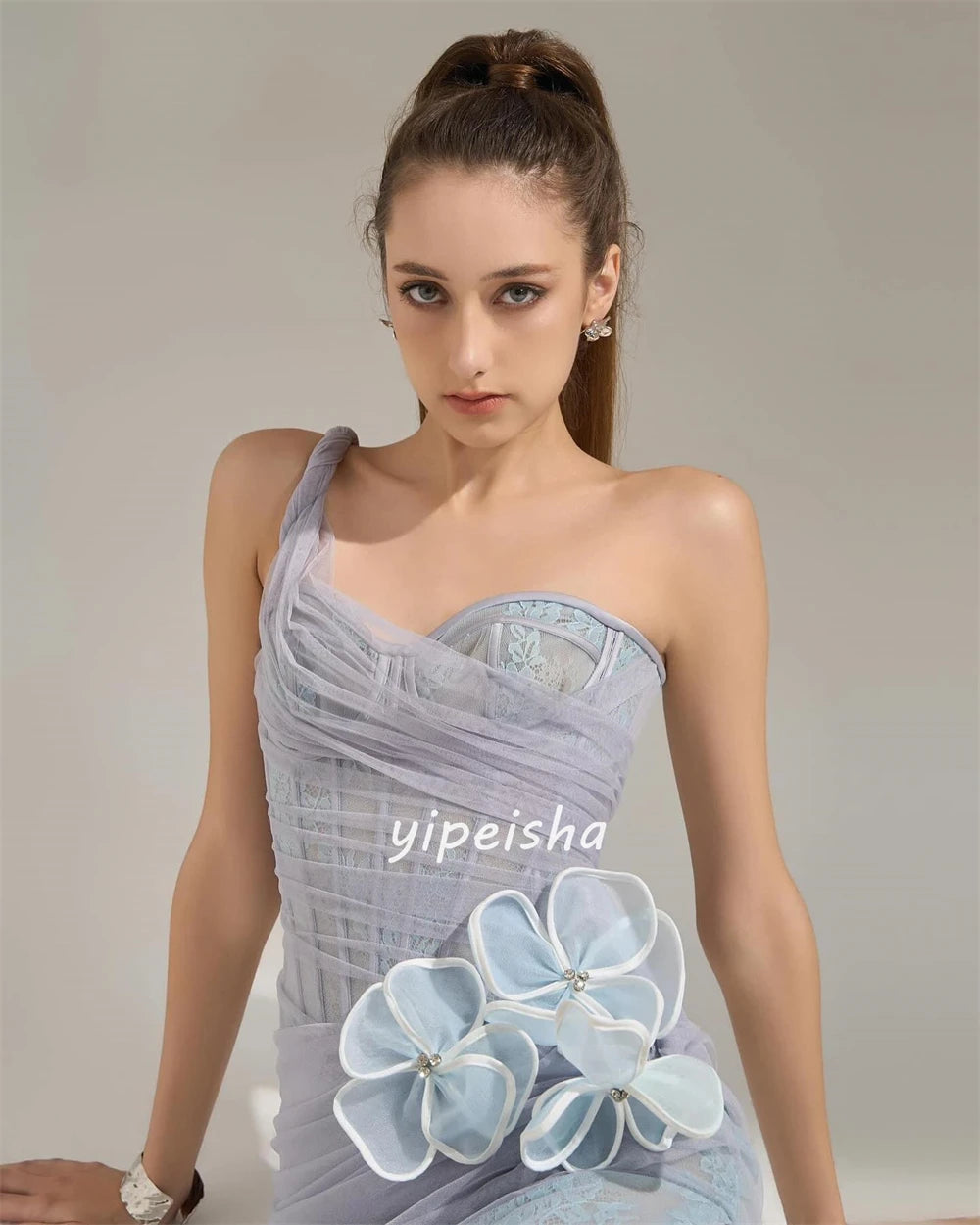 Customized Simple Lace Flower Pleat Ruched Handmade Flower Straight One-shoulder Midi Dresses Celebrity Dresses High Quality Mat