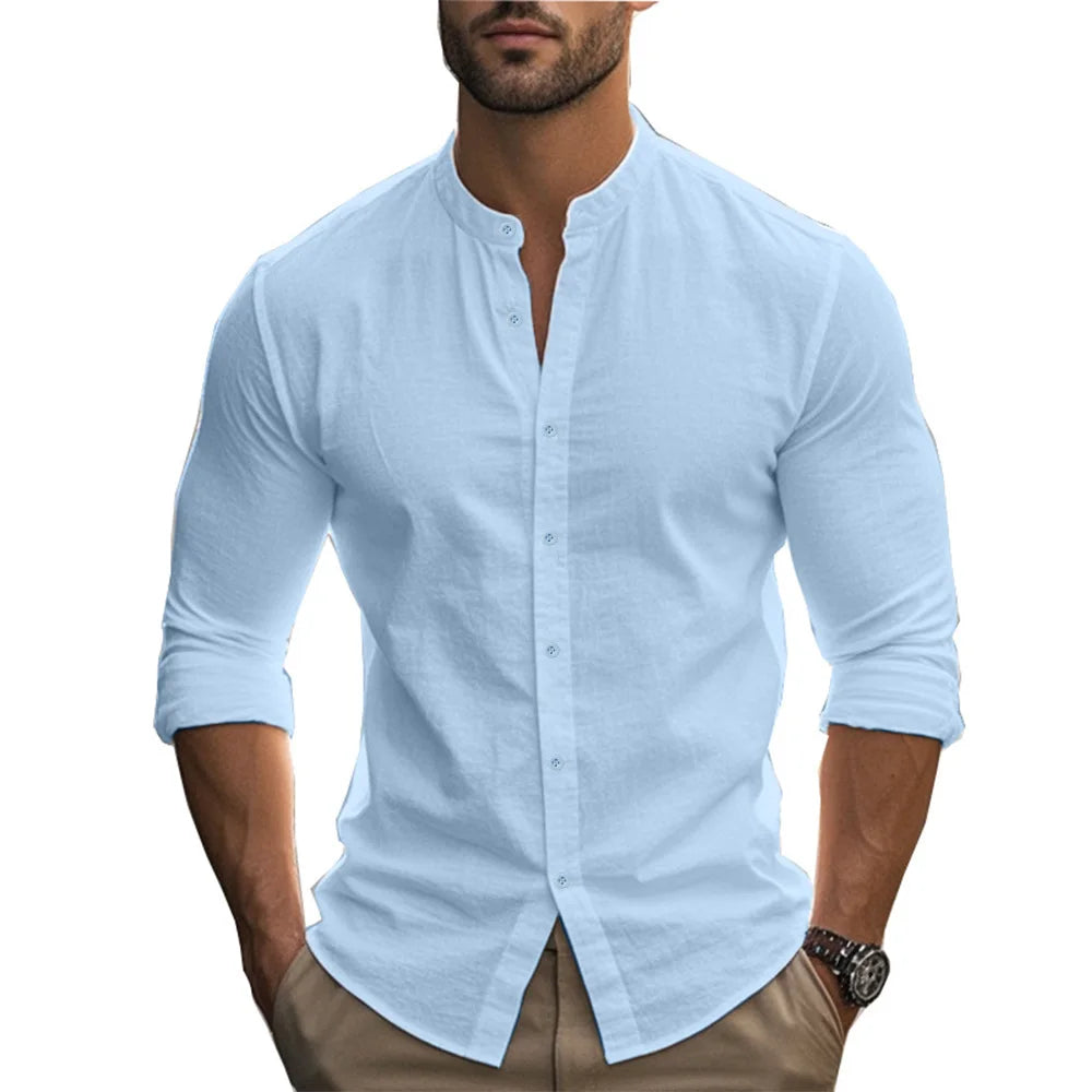 Men's Henry Shirts Cotton Linen Slim Fit Causal Hawaiian Solid Color Basic Style Spring Summer Breathable Men Clothing