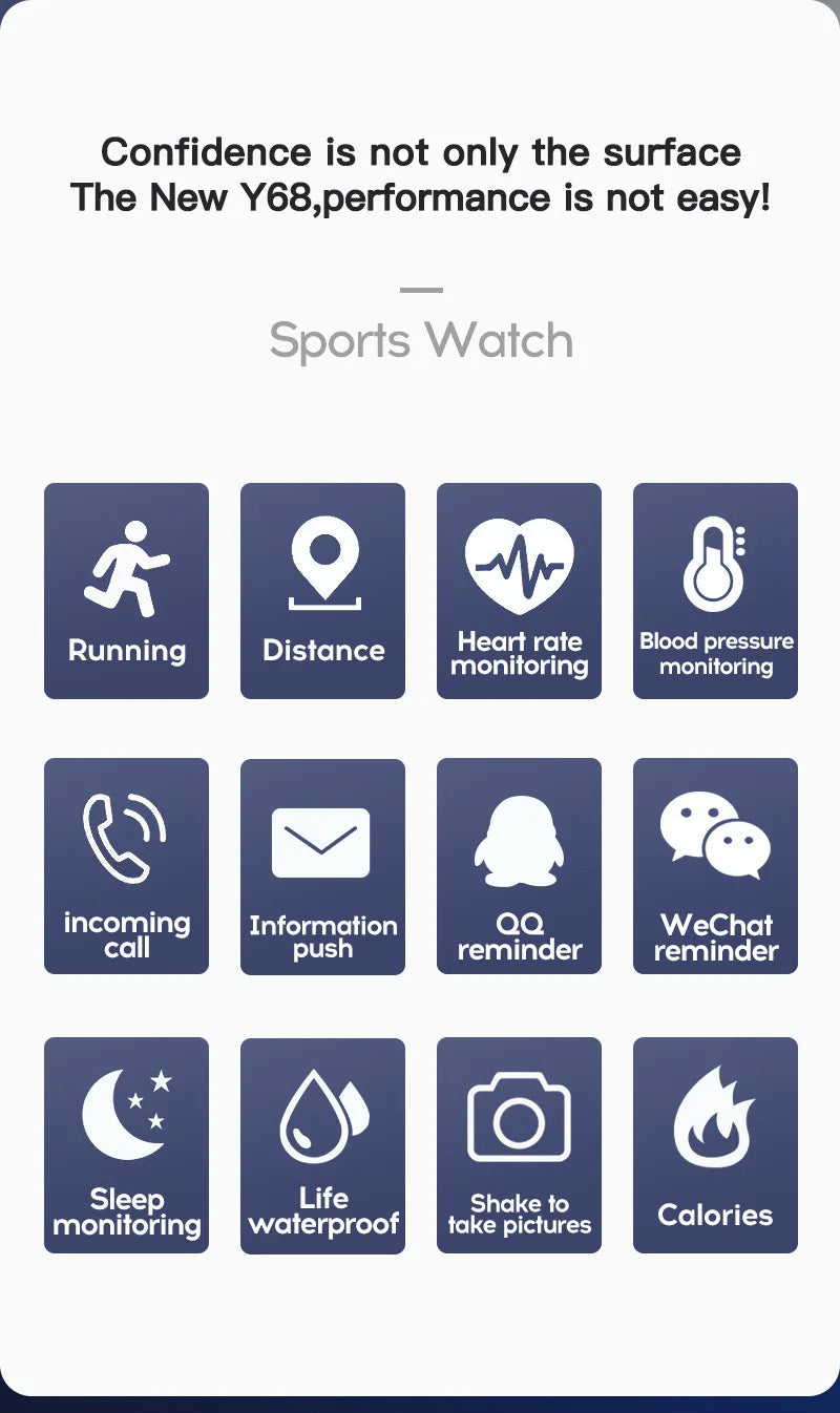 Smart Watch Y68 Bluetooth Fitness Tracker Sports Watch Heart Rate Monitor Blood Pressure Smart Bracelet for Android IOS D20 Pro