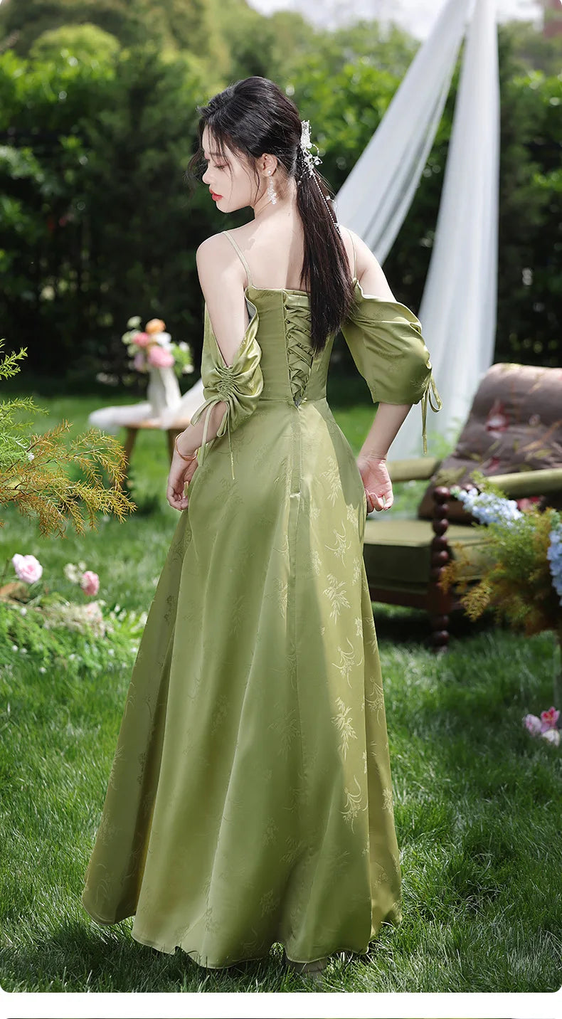 Simple Green Printed Wedding Guest Dress Elegant Off Shoulder High Waist Bridesmaid Gown Summer Graduation Prom Evening Vestidos
