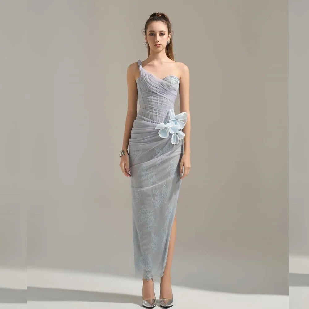Customized Simple Lace Flower Pleat Ruched Handmade Flower Straight One-shoulder Midi Dresses Celebrity Dresses High Quality Mat