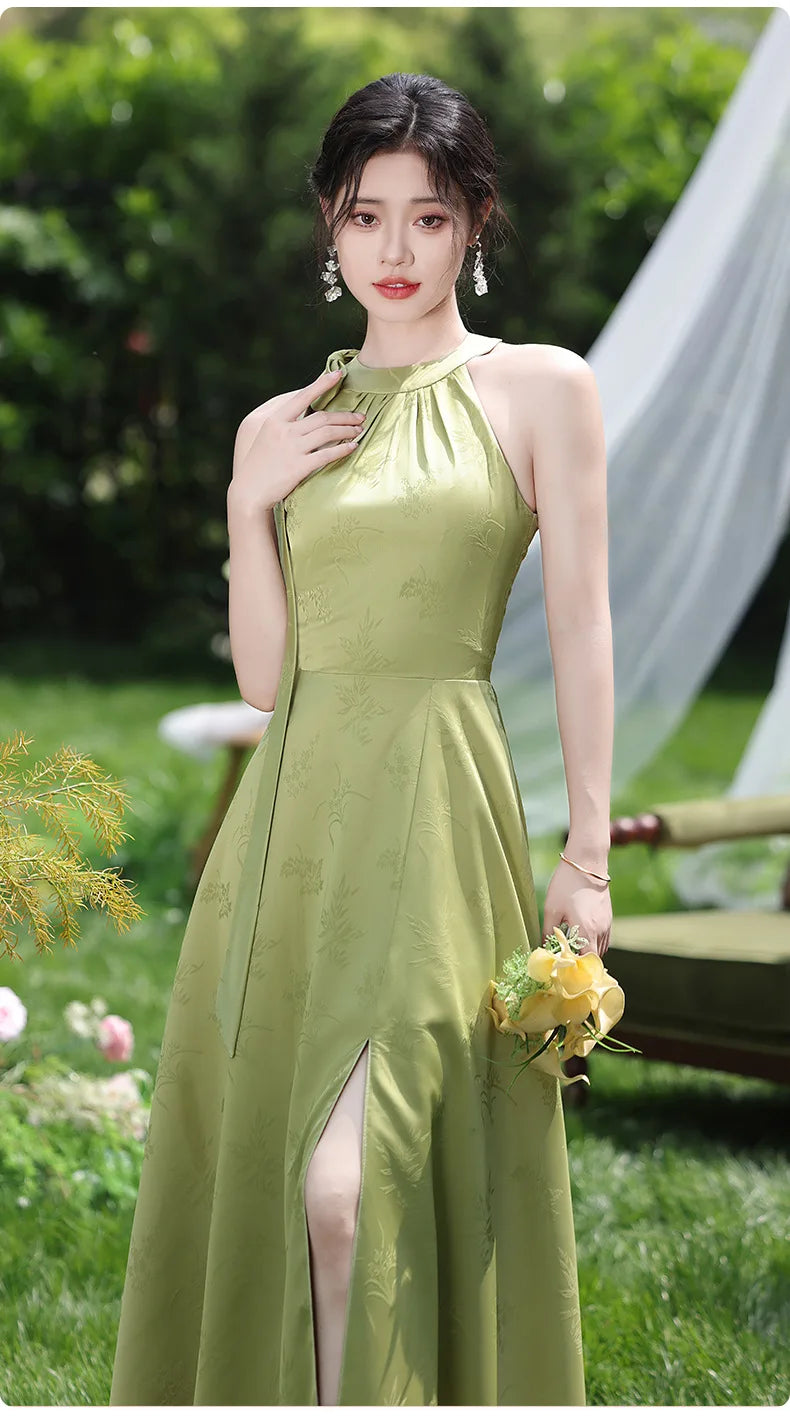 Simple Green Printed Wedding Guest Dress Elegant Off Shoulder High Waist Bridesmaid Gown Summer Graduation Prom Evening Vestidos
