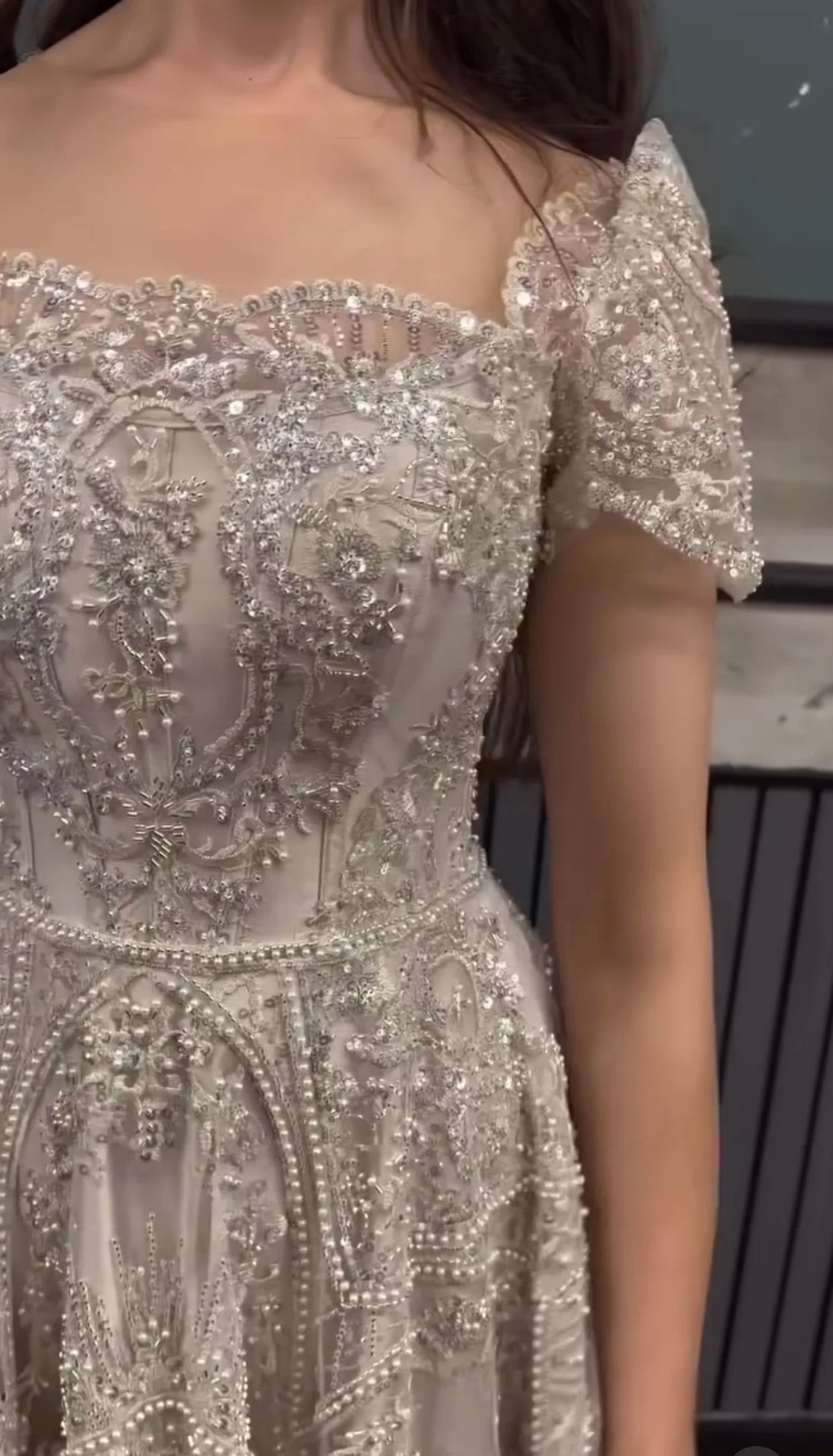 FATAPAESE Customized Bridesmaid Dress Full Beaded Sequins Stones Bodice Short Sleeve A-line Maxi Gown Wedding Engagement Dress