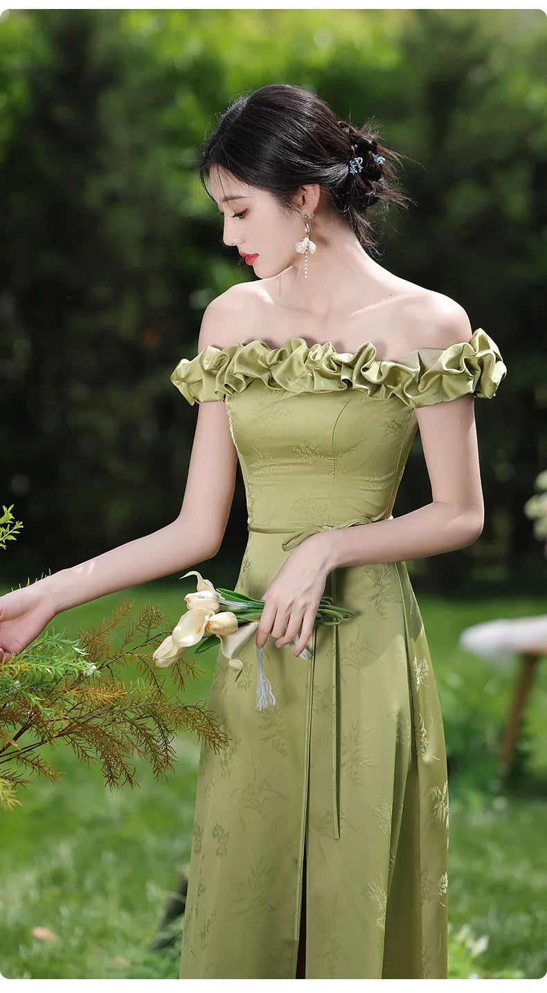 Simple Green Printed Wedding Guest Dress Elegant Off Shoulder High Waist Bridesmaid Gown Summer Graduation Prom Evening Vestidos