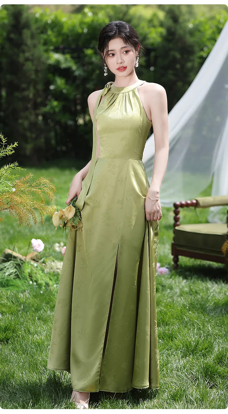 Simple Green Printed Wedding Guest Dress Elegant Off Shoulder High Waist Bridesmaid Gown Summer Graduation Prom Evening Vestidos