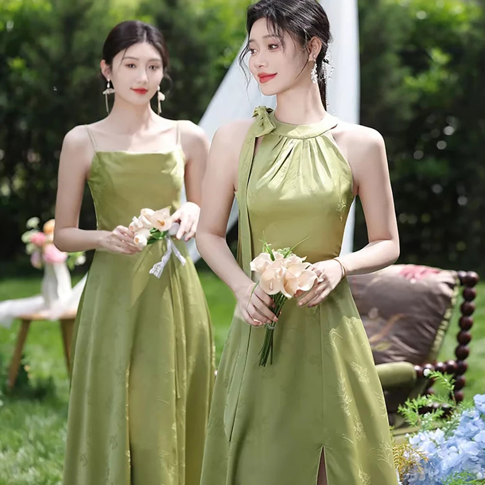 Simple Green Printed Wedding Guest Dress Elegant Off Shoulder High Waist Bridesmaid Gown Summer Graduation Prom Evening Vestidos