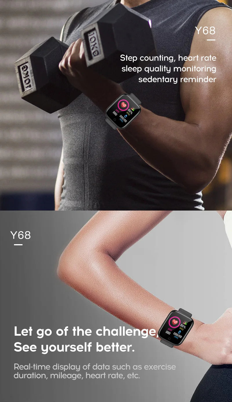 Smart Watch Y68 Bluetooth Fitness Tracker Sports Watch Heart Rate Monitor Blood Pressure Smart Bracelet for Android IOS D20 Pro