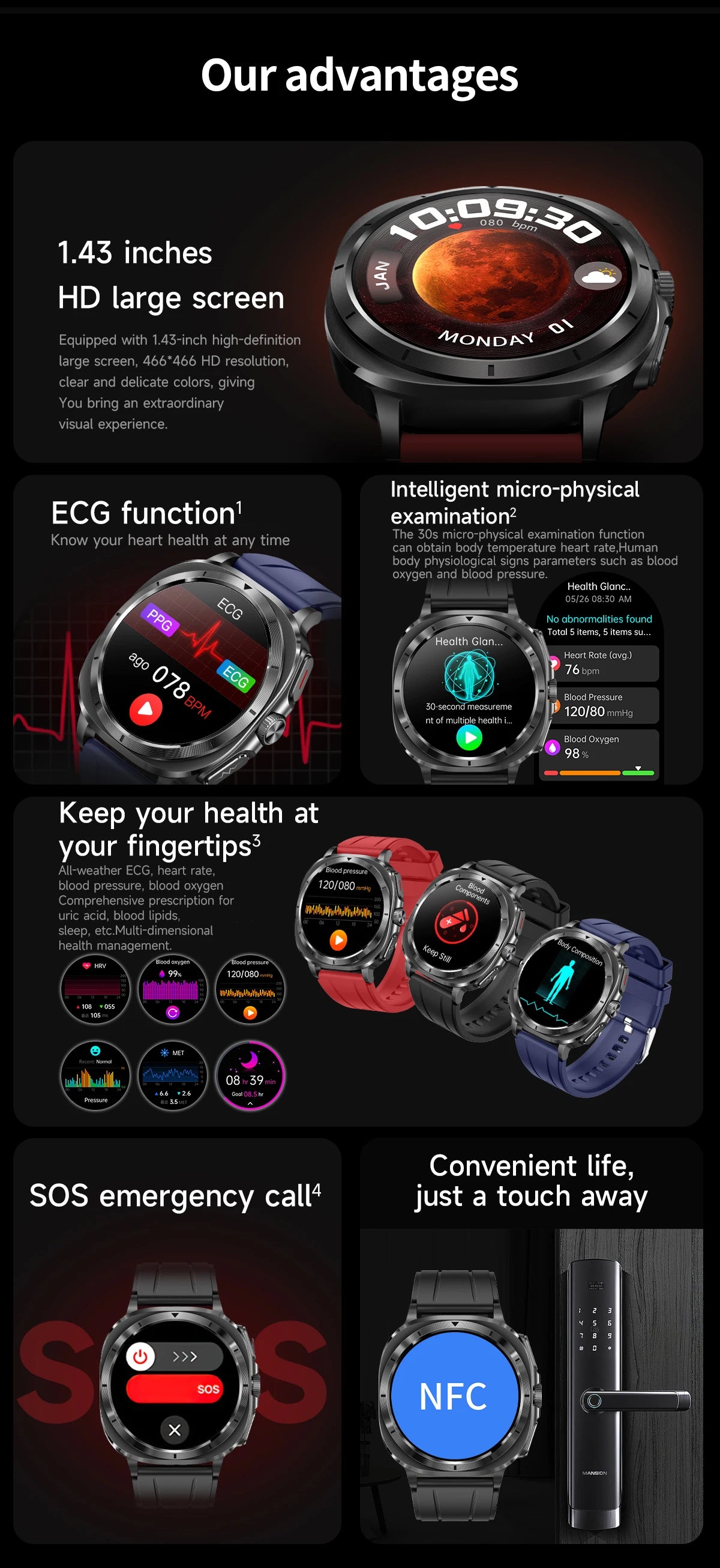 2025 New Laser therapy Three High Uric acid Blood pressure Smartwatch Men ECG+PPG Heart rate Fat Body Analysis NFC Call Watches