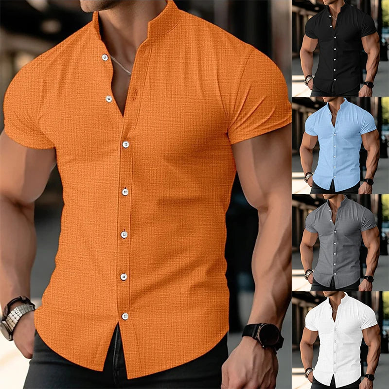 Summer Men's Casual Shirts Fashion Solid Color Stand Collar Single-breasted Cotton Blended Breathable Business Casual Shirts