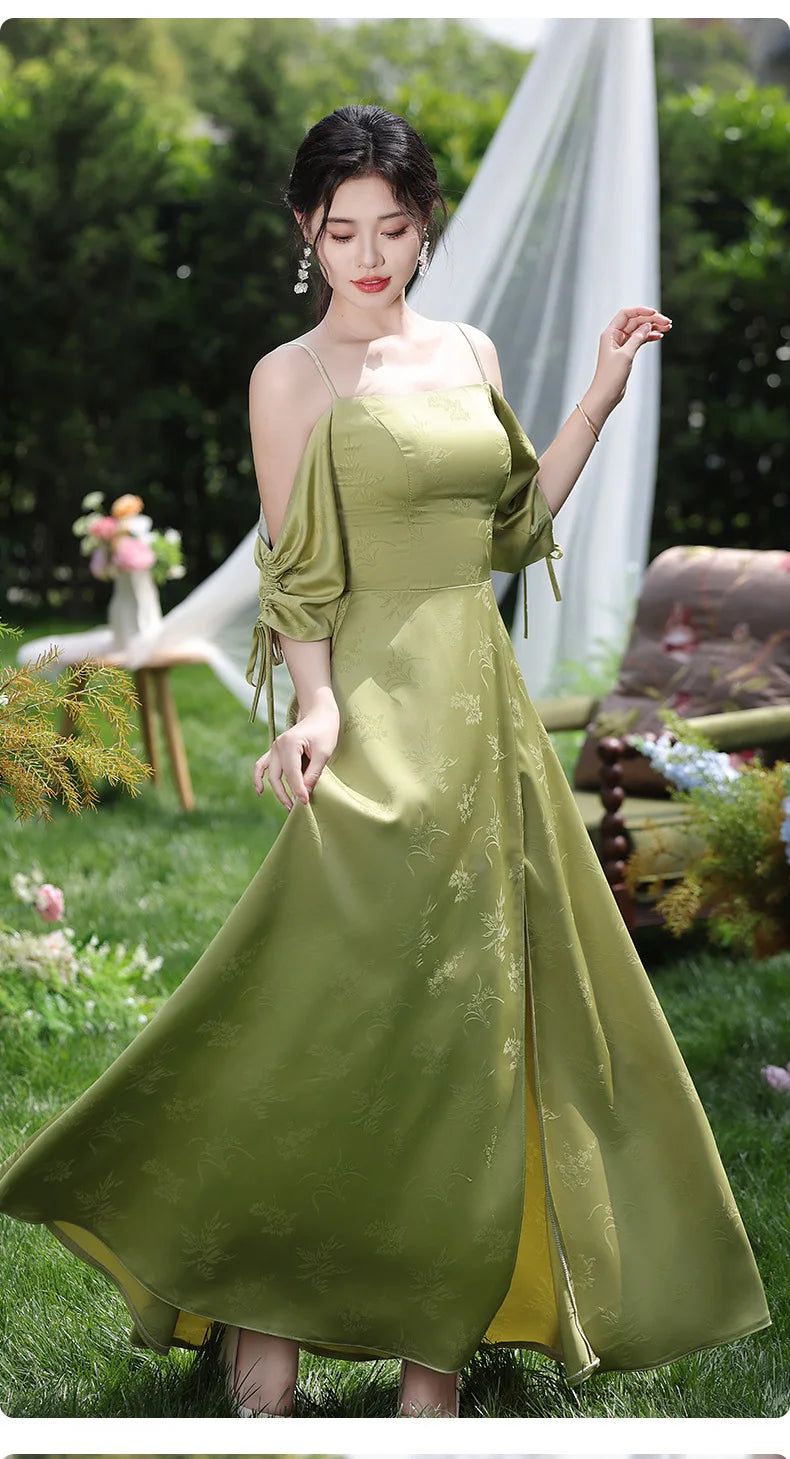 Simple Green Printed Wedding Guest Dress Elegant Off Shoulder High Waist Bridesmaid Gown Summer Graduation Prom Evening Vestidos