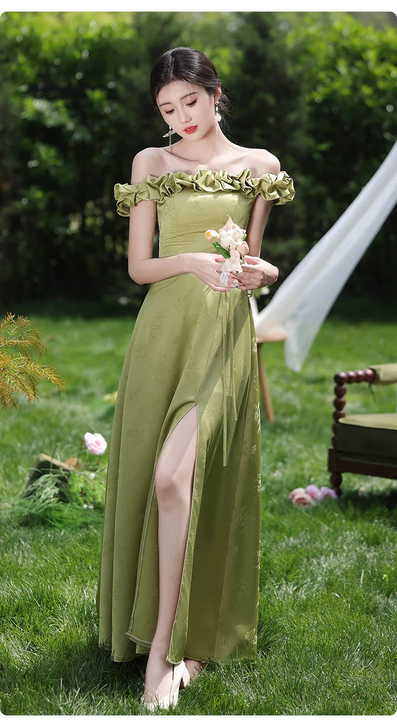 Simple Green Printed Wedding Guest Dress Elegant Off Shoulder High Waist Bridesmaid Gown Summer Graduation Prom Evening Vestidos