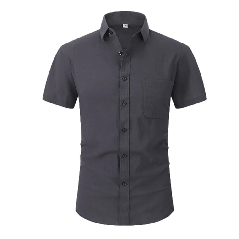 Cotton Line Hot Sale Men's Short-Sleeved Shirts Summer Solid Color  Turn-down collar Casual Beach Style Plus Size