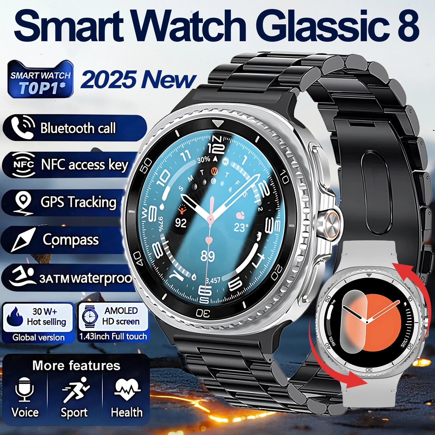 Watch 8 Ultra Classic GPS Compass NFC SmartWatch 46mm Version AMOLEL Rotating Dial BT Call 3ATM Waterproof Watch7 Upgraded Watch