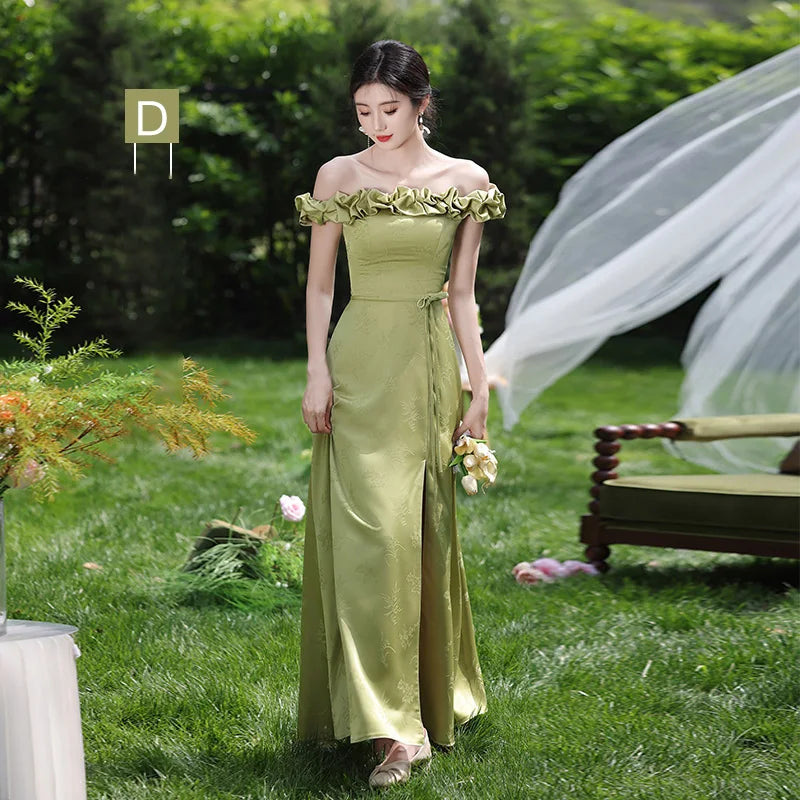 Simple Green Printed Wedding Guest Dress Elegant Off Shoulder High Waist Bridesmaid Gown Summer Graduation Prom Evening Vestidos