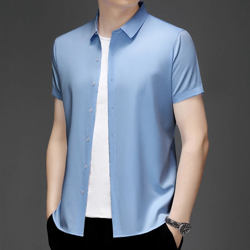 New Men's Business Casual Short Sleeved Solid Color Shirt Wrinkle Resistant Wrinkle Free Comfortable All Season Versatile Top