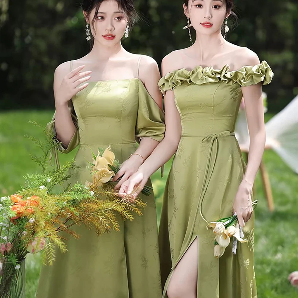 Simple Green Printed Wedding Guest Dress Elegant Off Shoulder High Waist Bridesmaid Gown Summer Graduation Prom Evening Vestidos
