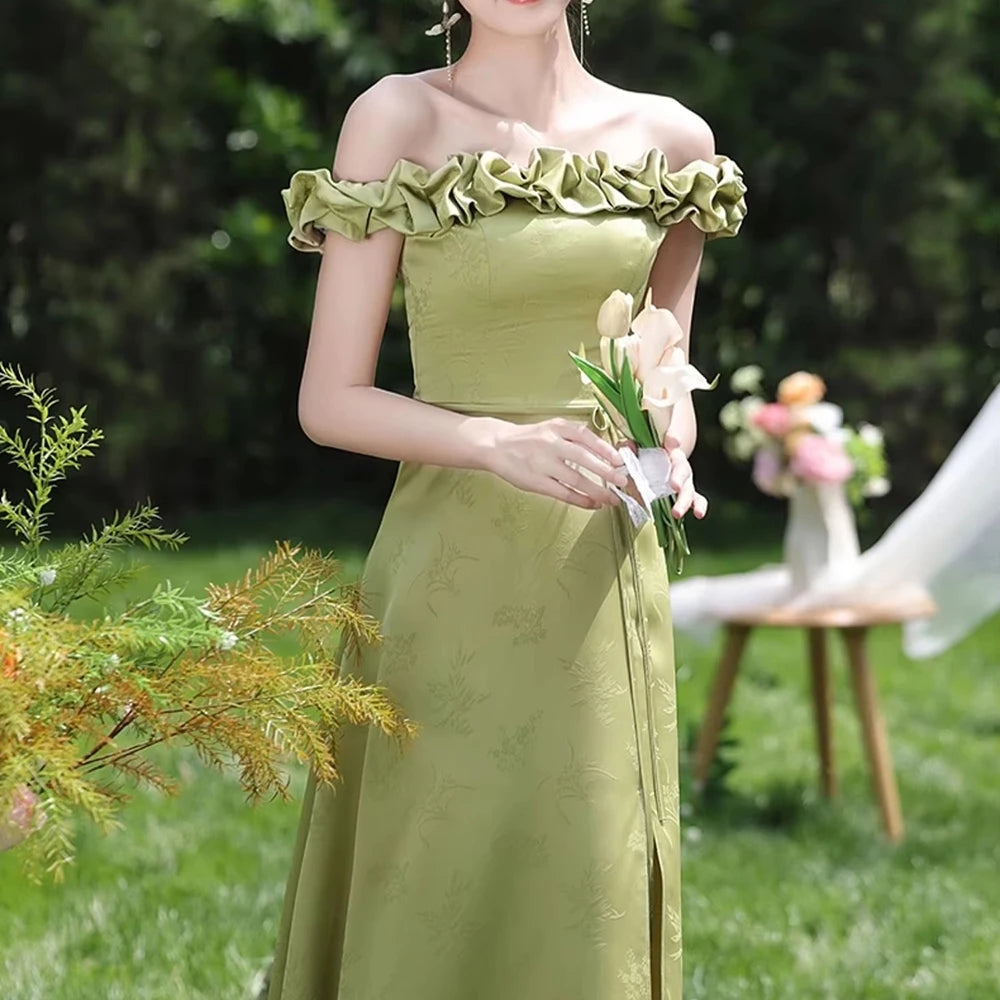 Simple Green Printed Wedding Guest Dress Elegant Off Shoulder High Waist Bridesmaid Gown Summer Graduation Prom Evening Vestidos