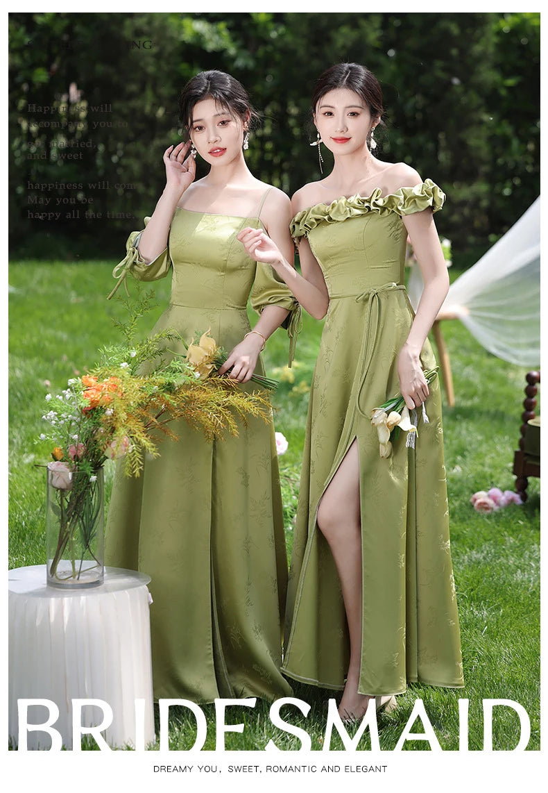Simple Green Printed Wedding Guest Dress Elegant Off Shoulder High Waist Bridesmaid Gown Summer Graduation Prom Evening Vestidos