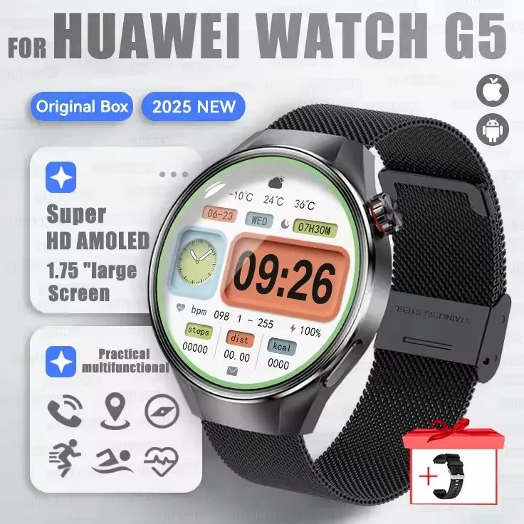 2025 New Watch G5 PlUS Smart Watch Men 1.75"AMOLED Screen GPS Track Compass Heart Rate Bluetooth Call SmartWatch For Android IOS