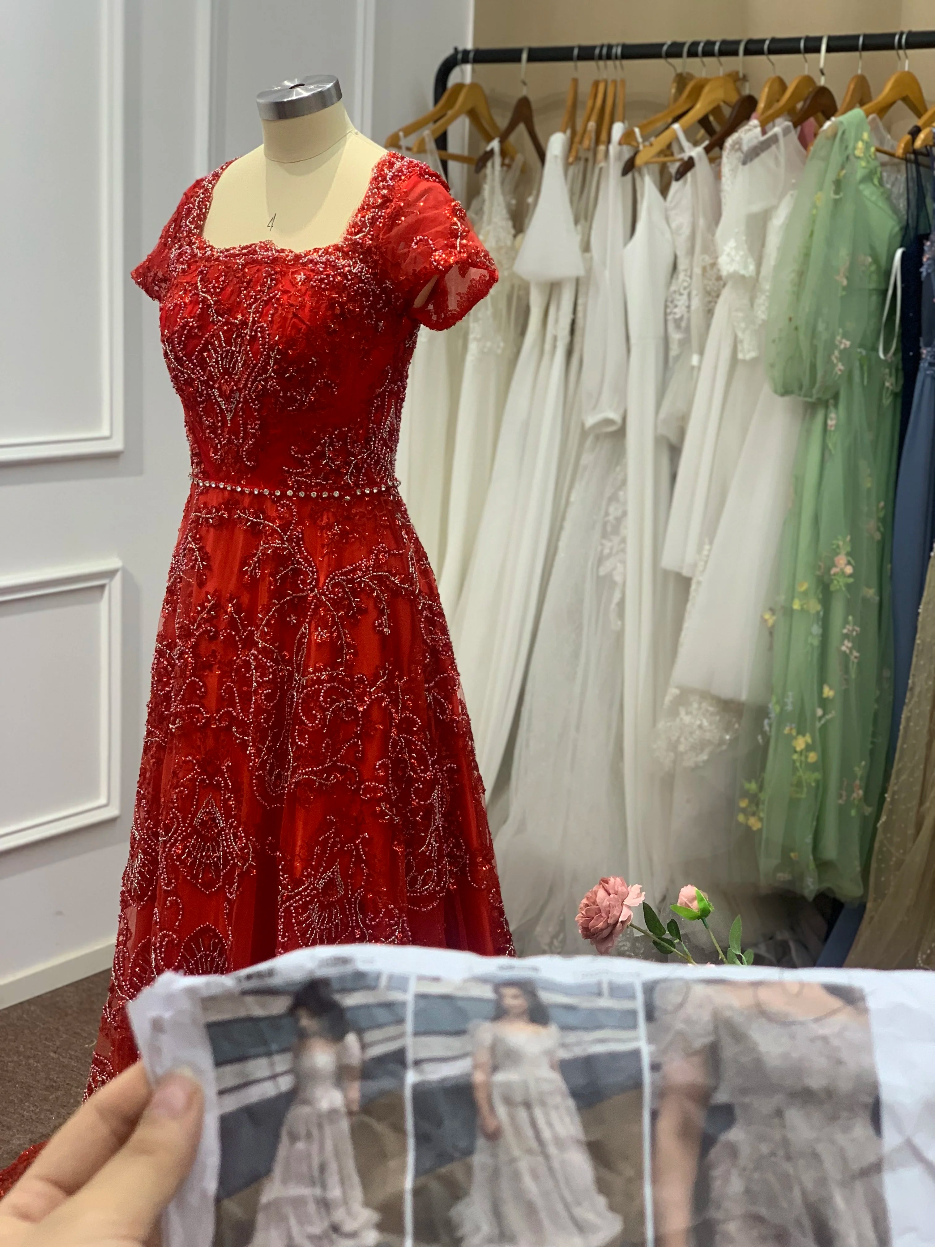 FATAPAESE Customized Bridesmaid Dress Full Beaded Sequins Stones Bodice Short Sleeve A-line Maxi Gown Wedding Engagement Dress