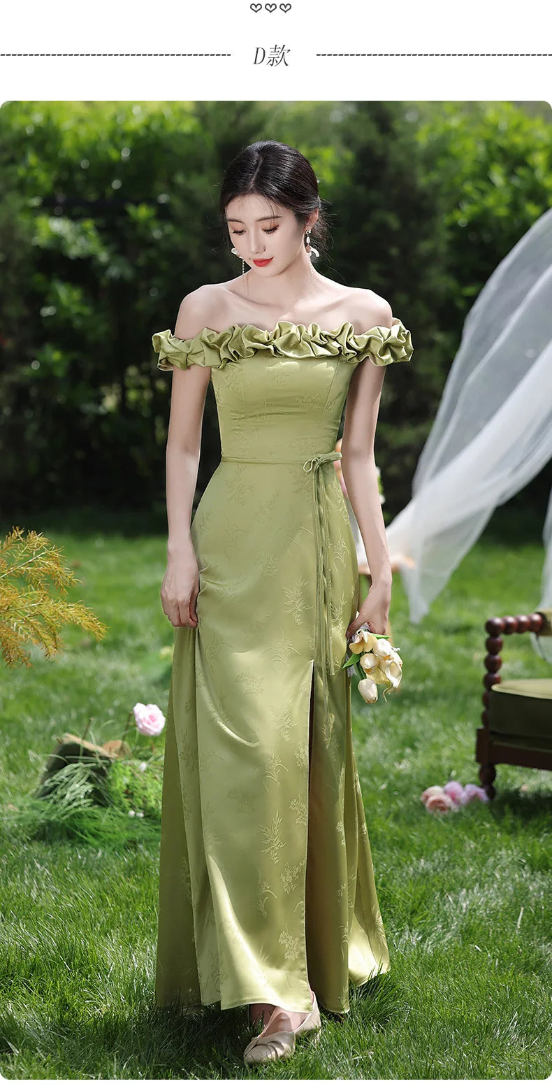 Simple Green Printed Wedding Guest Dress Elegant Off Shoulder High Waist Bridesmaid Gown Summer Graduation Prom Evening Vestidos