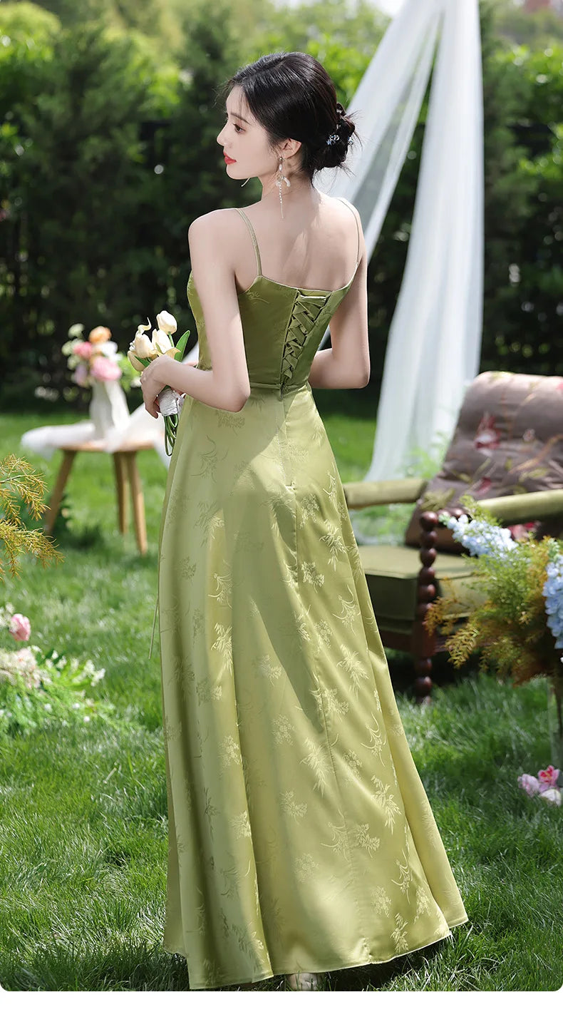 Simple Green Printed Wedding Guest Dress Elegant Off Shoulder High Waist Bridesmaid Gown Summer Graduation Prom Evening Vestidos