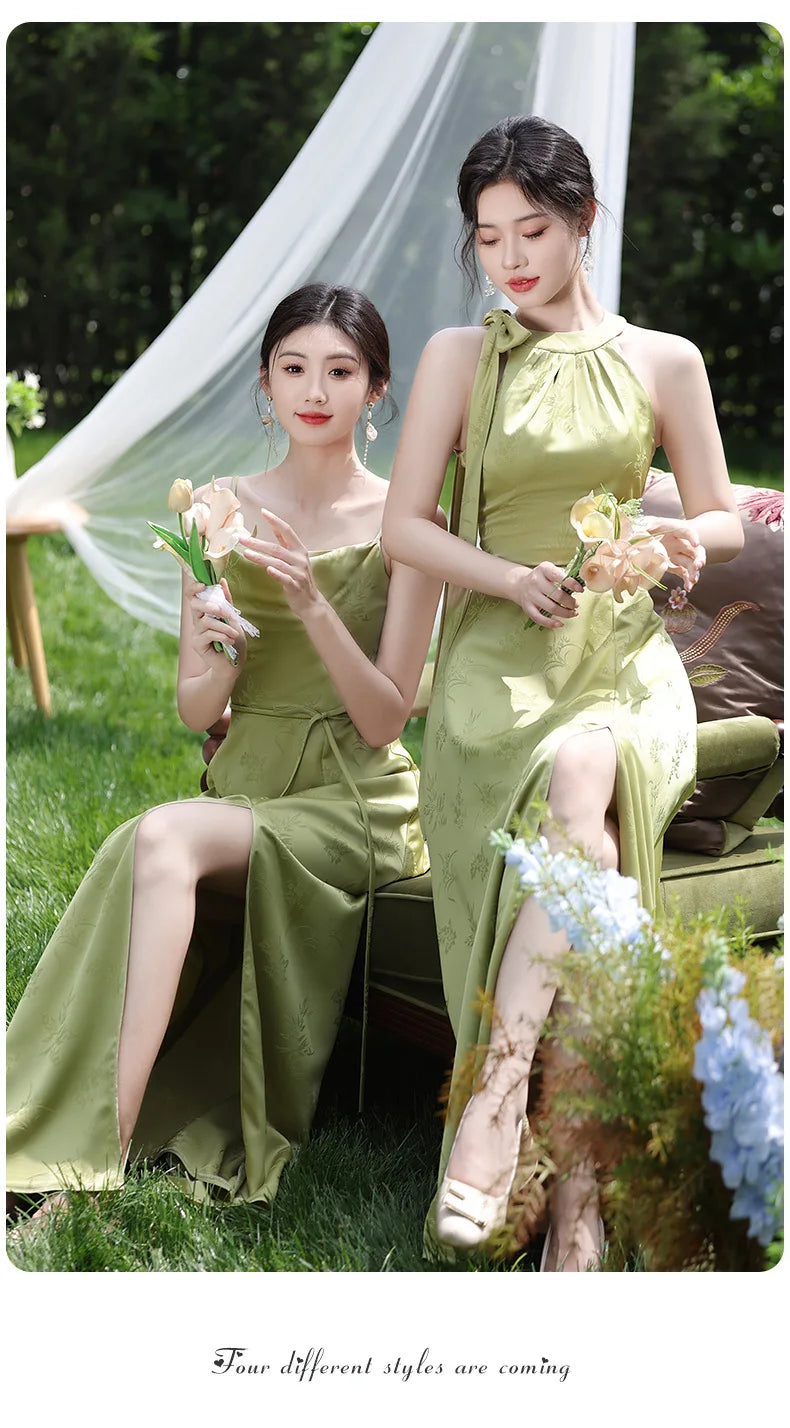 Simple Green Printed Wedding Guest Dress Elegant Off Shoulder High Waist Bridesmaid Gown Summer Graduation Prom Evening Vestidos