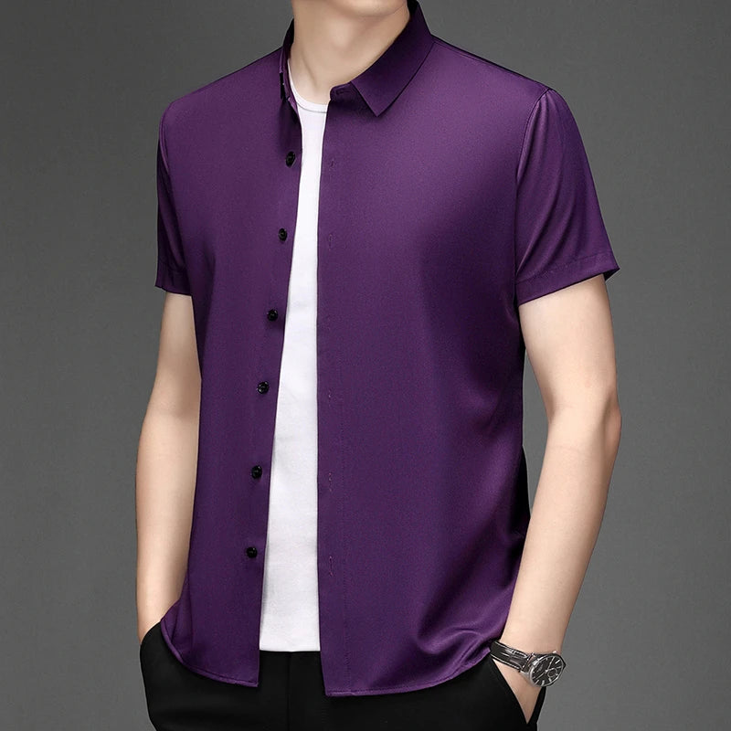 New Men's Business Casual Short Sleeved Solid Color Shirt Wrinkle Resistant Wrinkle Free Comfortable All Season Versatile Top