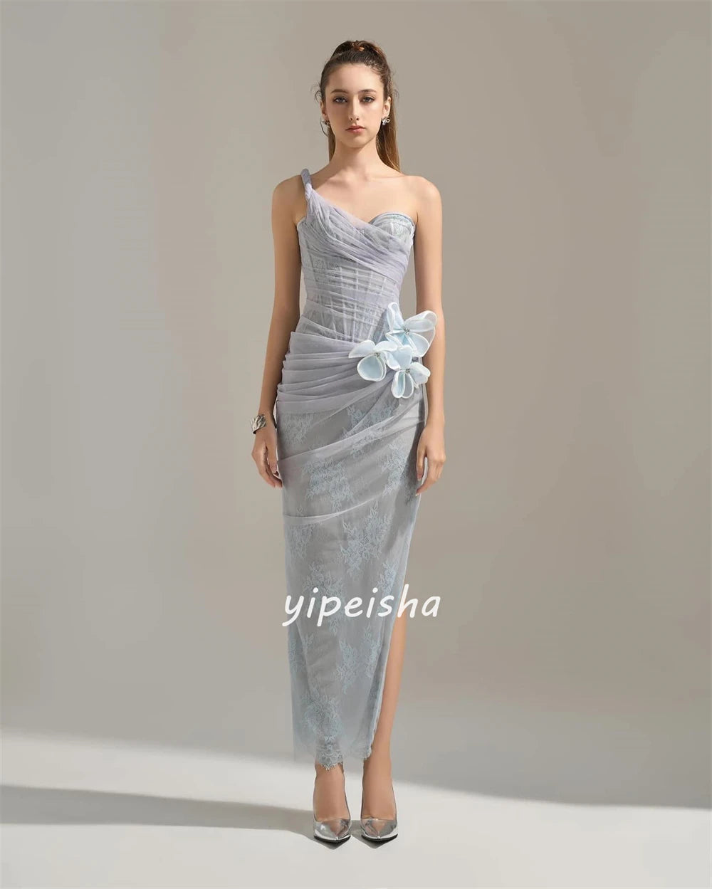 Customized Simple Lace Flower Pleat Ruched Handmade Flower Straight One-shoulder Midi Dresses Celebrity Dresses High Quality Mat