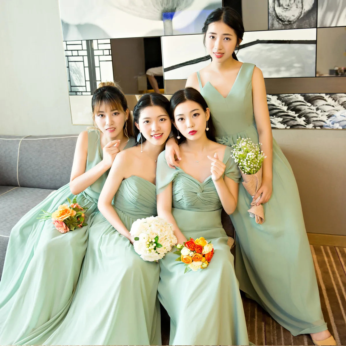 Green Bridesmaid Dresses Wedding 2024 Summer Chiffon Beach Bridesmaid Group Gown