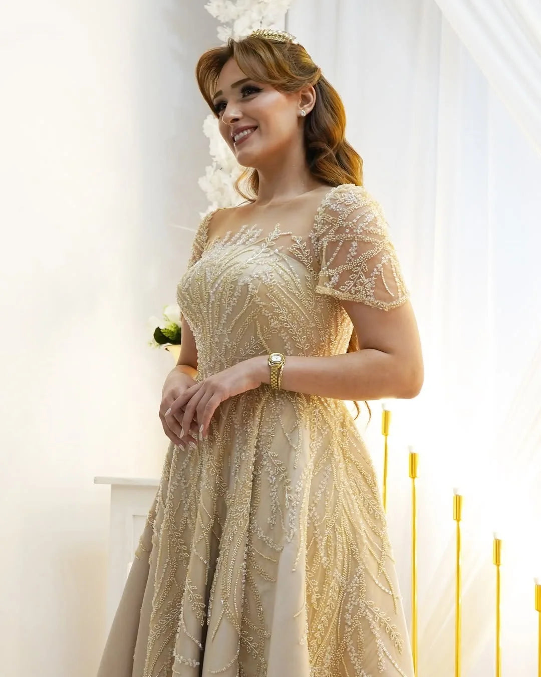 FATAPAESE Customized Bridesmaid Dress Full Beaded Sequins Stones Bodice Short Sleeve A-line Maxi Gown Wedding Engagement Dress