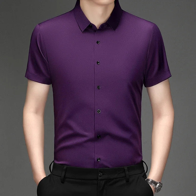 New Men's Business Casual Short Sleeved Solid Color Shirt Wrinkle Resistant Wrinkle Free Comfortable All Season Versatile Top