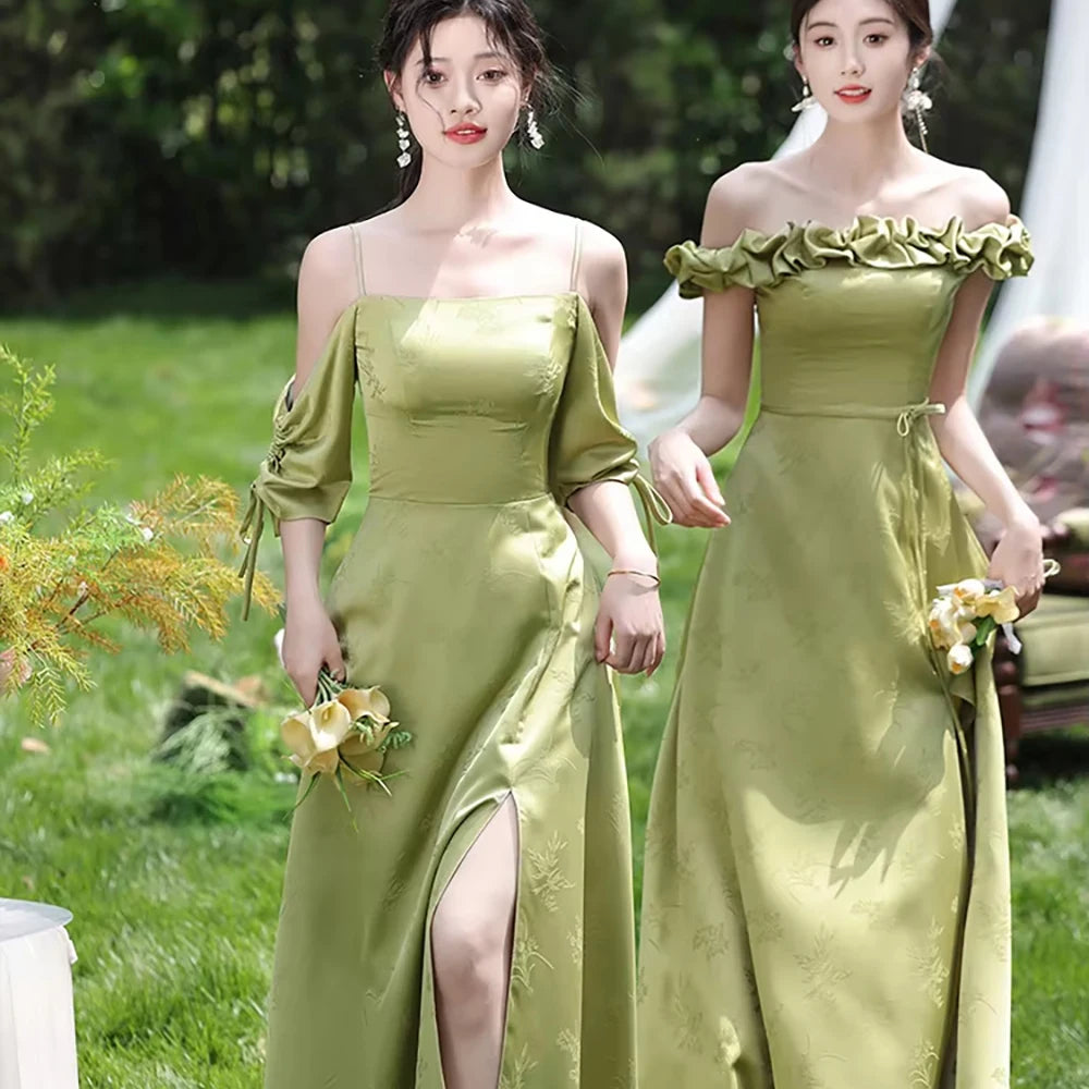 Simple Green Printed Wedding Guest Dress Elegant Off Shoulder High Waist Bridesmaid Gown Summer Graduation Prom Evening Vestidos