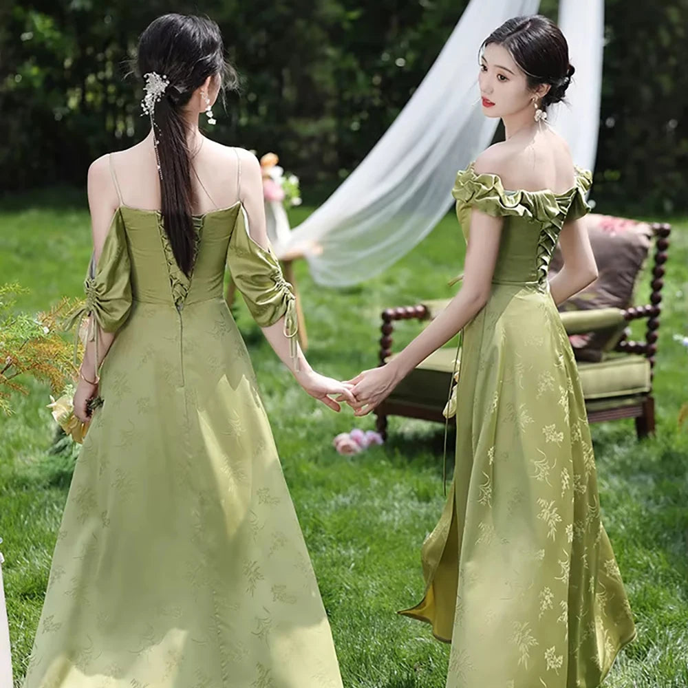 Simple Green Printed Wedding Guest Dress Elegant Off Shoulder High Waist Bridesmaid Gown Summer Graduation Prom Evening Vestidos