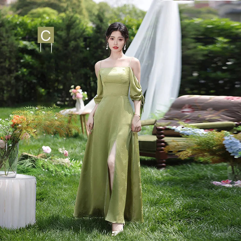 Simple Green Printed Wedding Guest Dress Elegant Off Shoulder High Waist Bridesmaid Gown Summer Graduation Prom Evening Vestidos