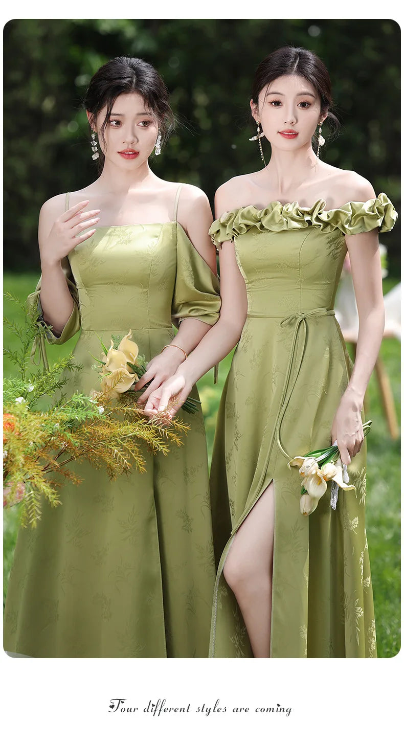 Simple Green Printed Wedding Guest Dress Elegant Off Shoulder High Waist Bridesmaid Gown Summer Graduation Prom Evening Vestidos